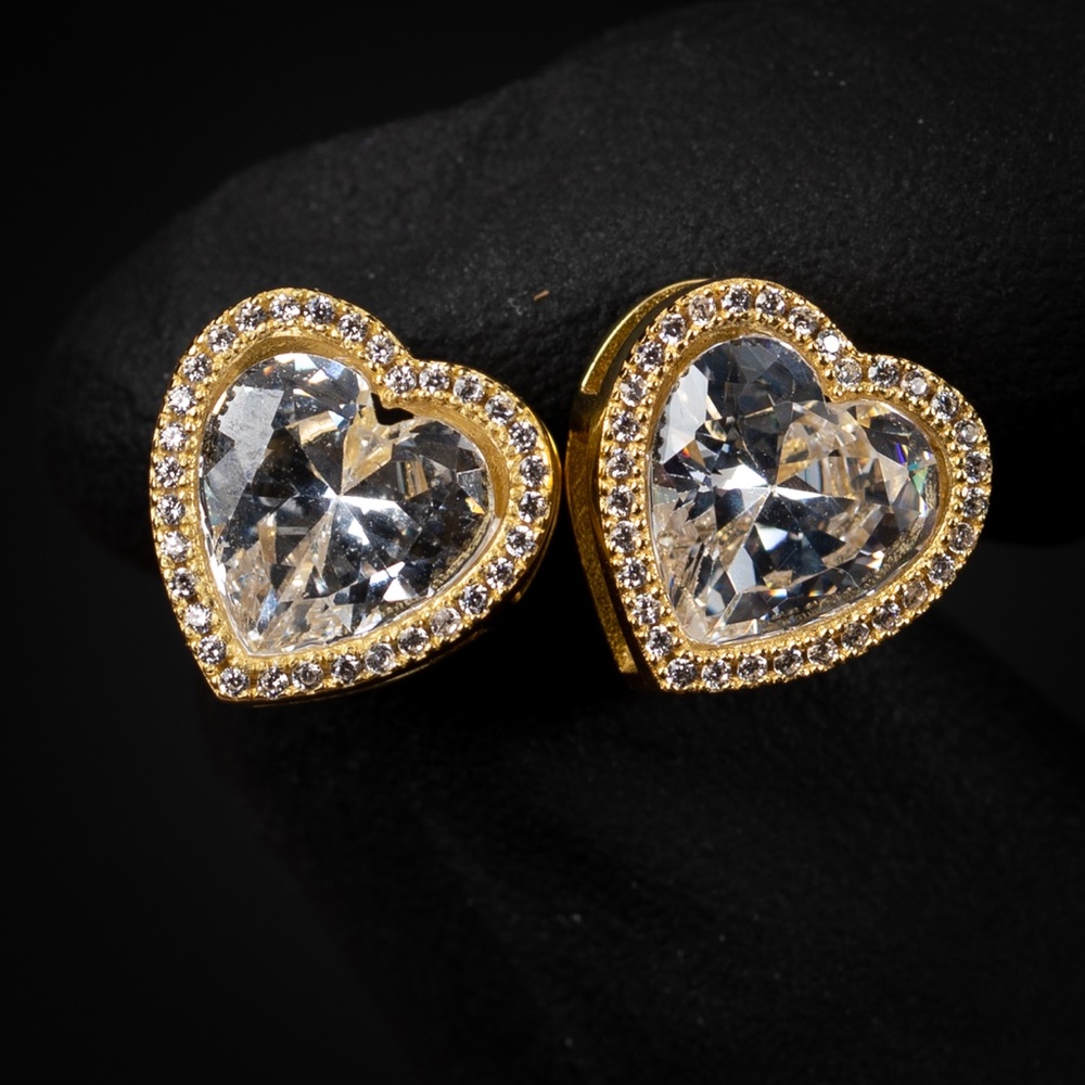 Yellow Gold 925 Sterling Silver Cz Heart Shaped Women's Stud Screw Back Earrings - Picture 2 of 5